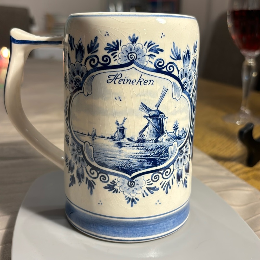 Heineken hand painted porcelain beer mug . Defts handwork Holland. Vintage .